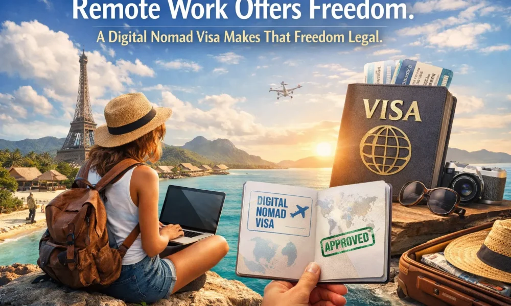 Digital nomad working remotely from a tropical beach with laptop and passport showing approved digital nomad visa for legal remote work abroad.