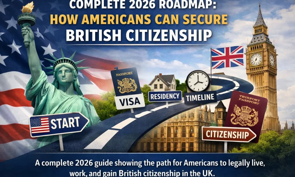 Roadmap illustration showing the steps for Americans to secure British citizenship in 2026, from U.S. visa and residency to UK citizenship.