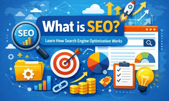 Illustration explaining what SEO is, showing search engine optimization concepts like keyword research, website ranking, analytics, and growth