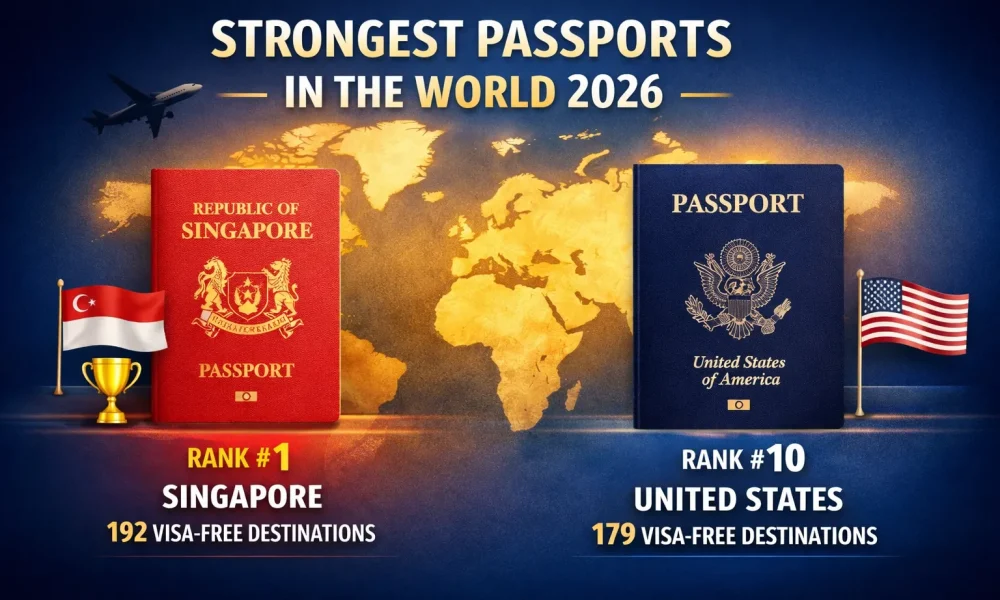 Infographic showing strongest passports in the world 2026 with Singapore ranked 1st at 192 visa-free destinations and US ranked 10th at 179