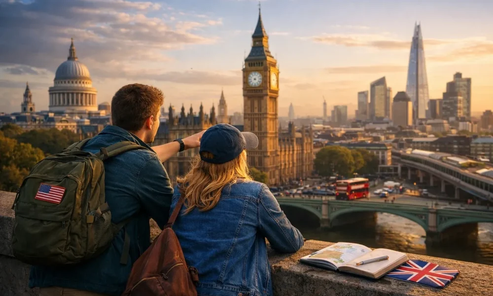 Two American travelers view London skyline at sunset.