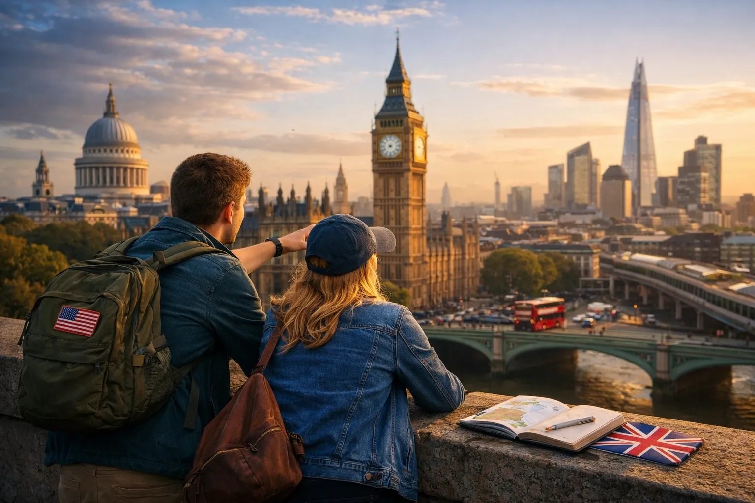 Two American travelers view London skyline at sunset.